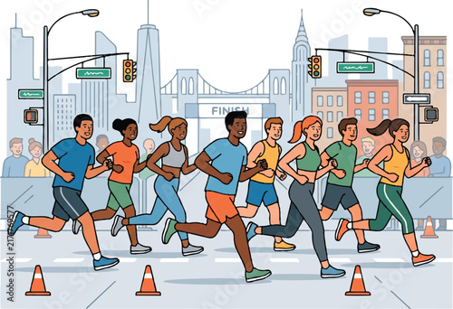 Diverse Athletic Runners Competing In City Marathon Flat Vector Illustration