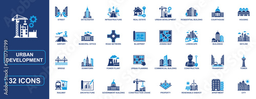 Urban Development Solid Icon Set for City Architecture, Construction, Infrastructure, Residential Buildings, Commercial Property, Urban Planning, Skyline, Zoning and Real Estate Vector Design