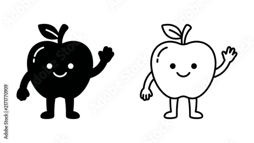 Quadro su tela Smiling Apple Duo: A whimsical pair of cartoon apples, one in silhouette and the other in outline, wave hello with happy faces and cheerful eyes