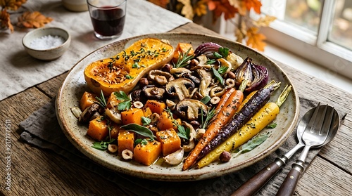 Roasted autumn vegetables mushrooms and onions with wine.
