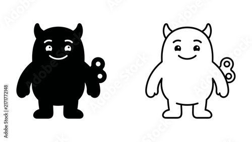 Konstfotografi Charming Character Duo: Two whimsical cartoon monsters, one solid black and the other outlined in white, stand side-by-side, each with a wind-up key on their side