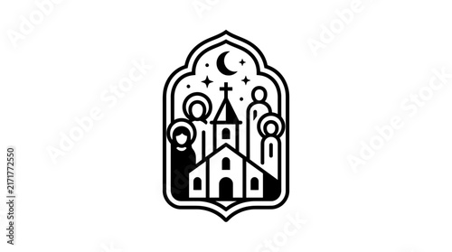 Arched church window icon with figures under moon stars.