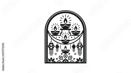 Arched window containing multi-tiered festive diya stand.