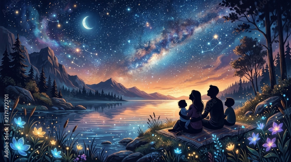 Fototapeta premium Family cherishing beautiful night by the lake surrounded by stars and embracing love and unity under the stunning milky way