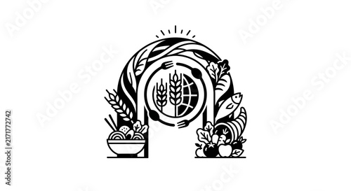 Arch logo with globe wheat and vegetable icons.