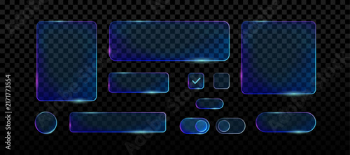 Ui interface elements set. Blue, purple and pink colorful glass frames. Neon effect with transparency. Vector overlay buttons with gradient and shining