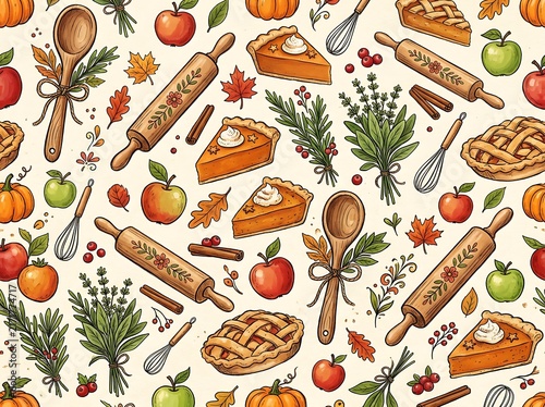 Autumn harvest pattern with pies pumpkins rolling pins and apple fruits.