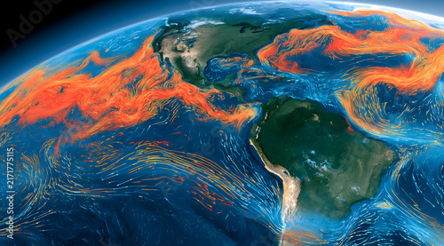 Earth's oceans, specifically the Pacific, with detailed climate change, currents distribution, and El Niño phenomenon visualized by a heat map and arrows.