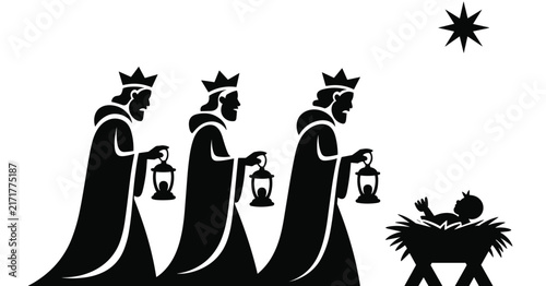 Bild auf Leinwand Black and white silhouette of the three wise men carrying lanterns walking towar