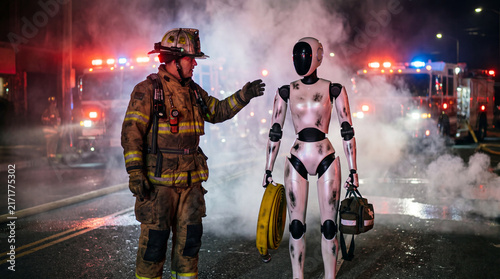 Future of Rescue: A firefighter, bathed in the flashing red and blue lights of emergency vehicles, stands amidst smoke and debris, reaching out to a sophisticated humanoid robot.