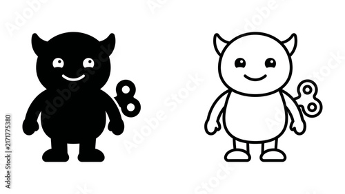 фотографія Cute Devil Toy Icon: A charming and whimsical cartoon devil character, presented in both silhouette and line art, with playful horns and a wind-up key, symbolizing mischief and fun