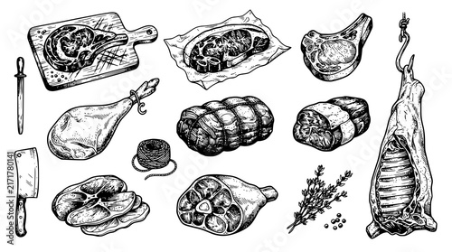 Vintage Butcher Shop Steak Ham Beef Pork Meat Cut Black Vector Collection 9
