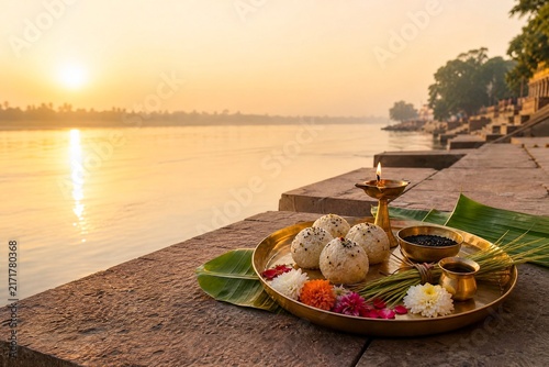 A traditional brass thali with rice balls flowers and a lit lamp sits on river ghat steps at sunrise during Pitru Paksha