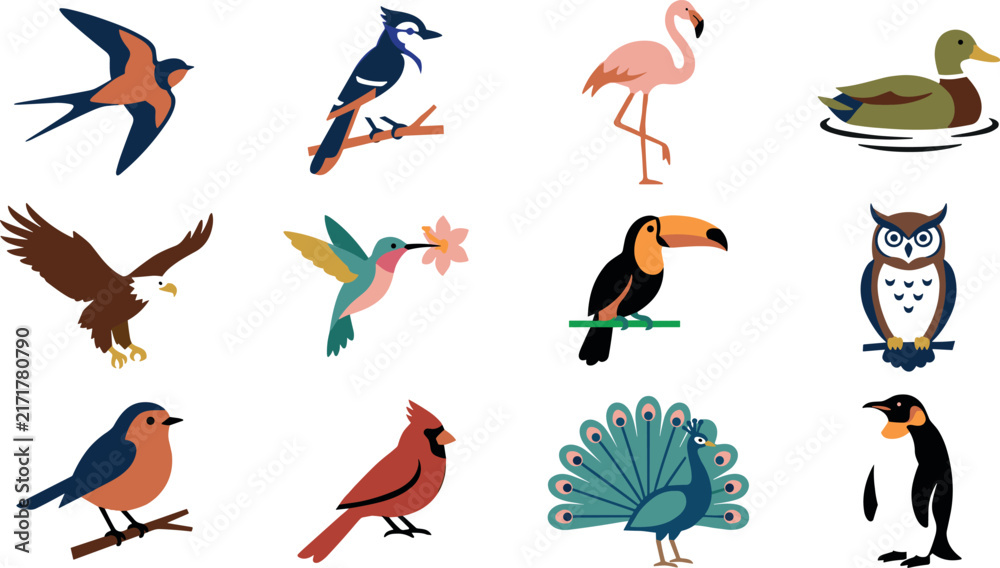 Naklejka premium Colorful Bird Vector Icon Set Featuring Diverse Species Like Eagle, Flamingo, Toucan, Owl, Hummingbird, and Peacock for Graphic Design Elements