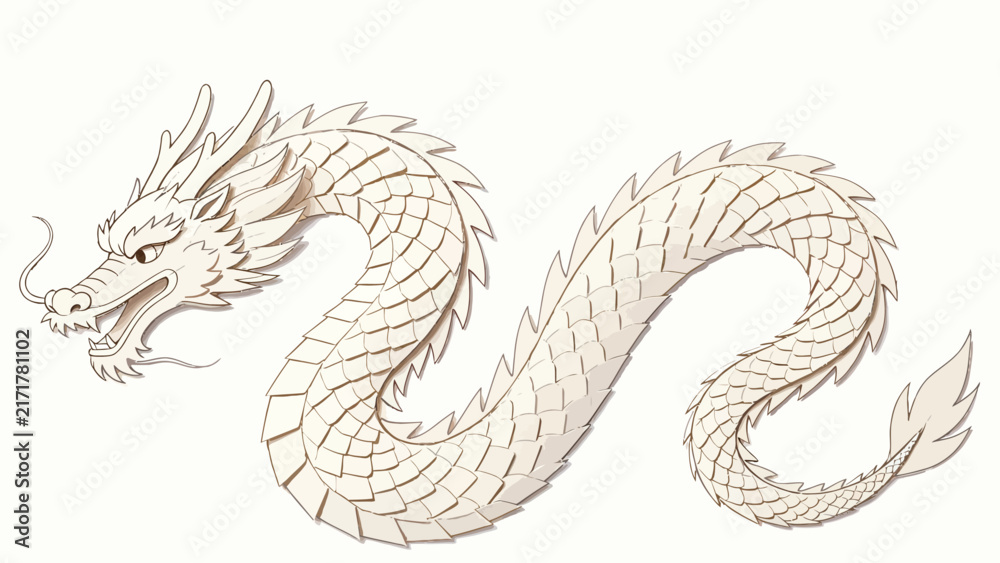 Fototapeta premium Intricate wooden paper-cut dragon sculpture with layered scales and flowing S-curve body design