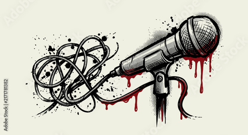 Microphone with tangled cord and blood splatter