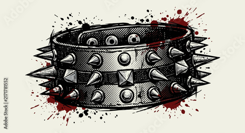 Punk Rock Spiked Leather Bracelet, Grunge Style Illustration