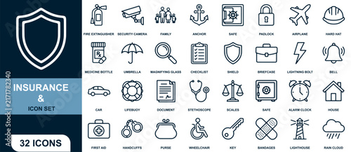Insurance and Icon Set with 32 Diverse Symbols and Safety Elements