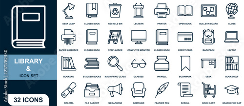 Library and Icon Set with 32 Icons Representing Education, Learning