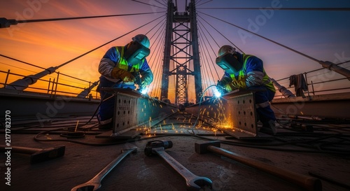 Tapety artystyczne Skilled Welders Fabricating Steel Structures During Dramatic Sunset