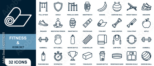 Fitness and Icon Set with 32 Exercise Equipment and Wellness Symbols