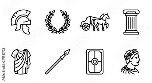 Ancient Roman Icons Set: Warrior Helmet, Laurel Wreath, Chariot, Column, Toga, Spear, Shield, Emperor Portrait Vector Graphics