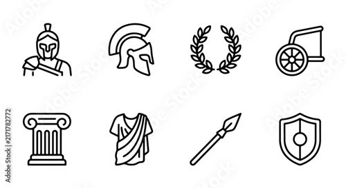 Ancient Greek Icons Set: Warrior Helmet, Laurel Wreath, Column, Toga, Spear, Shield, Chariot, Warrior Figure Vector Graphics