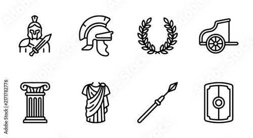 Ancient Roman Icons Set, Greek Warrior, Chariot, Laurel Wreath, Column, Toga, Spear, Shield, Vector Graphics for History and Mythology