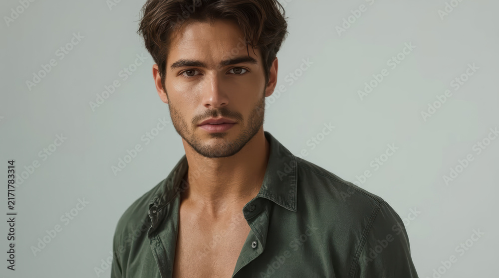 Fototapeta premium Athletic man portrait with sculpted jawline and calm expression in studio lighting