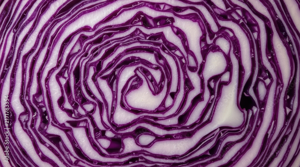 Obraz premium Sliced red cabbage with intricate spiral pattern and vivid purple texture