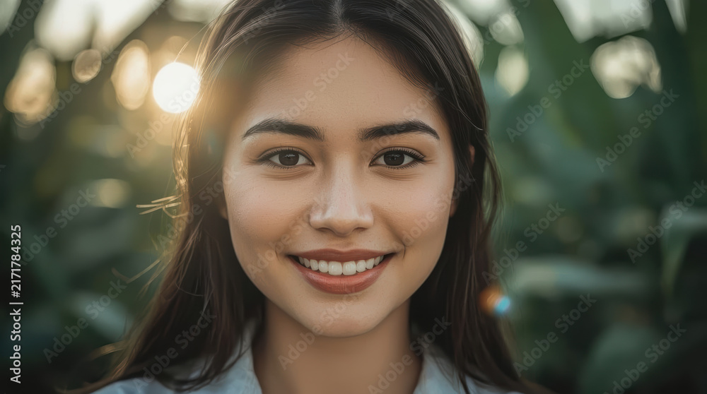 Obraz premium Young Asian woman smiling in close up outdoor portrait with natural backlight