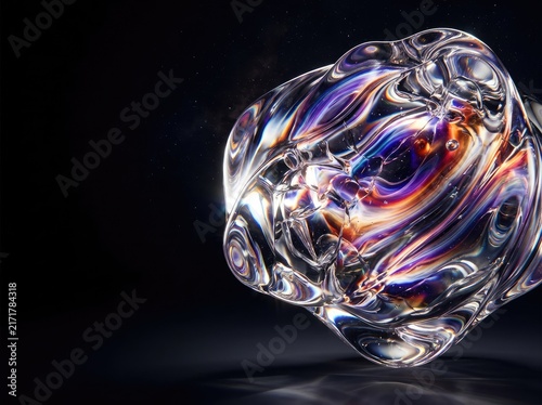 3D iridescent glass fluid shape with colorful light refraction on dark background