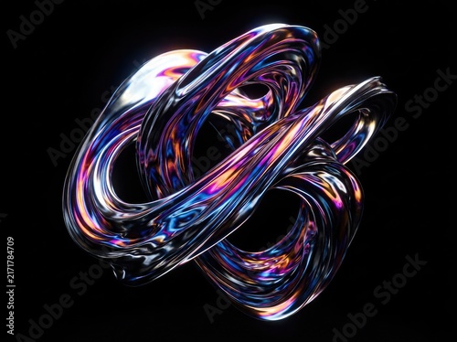 Abstract Iridescent Metallic Twisted Ribbon Ring Knot in 3D Render
