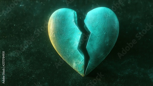 A textured, broken heart sculpture in teal and yellow on a dark background