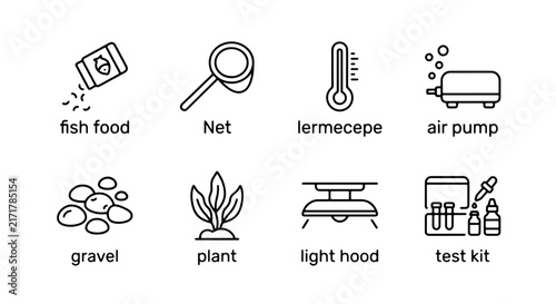 Aquarium Equipment Icons Set: Fish Food, Net, Thermometer, Air Pump, Gravel, Plant, Light Hood, Test Kit Line Art Collection