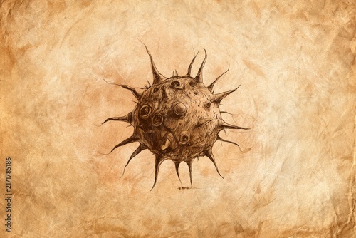 Detailed illustration of a virus on aged parchment paper
