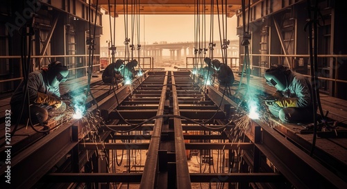 Industrial Welders Crafting Structural Steel Beams With Intense Sparks
