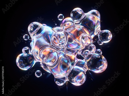 Abstract Iridescent Liquid Bubbles Floating on Dark Background 3D Render