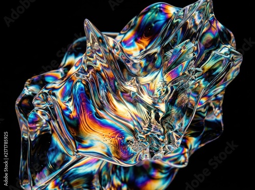 Abstract iridescent crystal structure with colorful refraction on black background