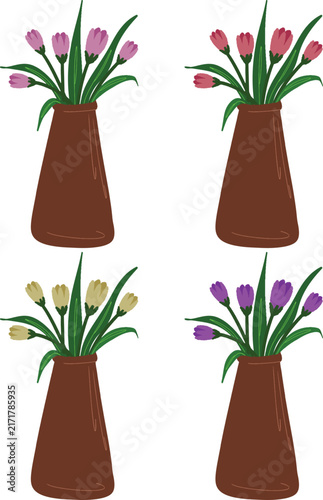 Pastel Floral Bouquet in Vase with Pink Red Yellow and Purple Flowers Vector
