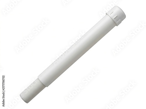 White plastic plumbing pipe with telescopic extension. PVC drainage tube component for sink installation. Professional plumbing part isolated on white for construction and repair catalogs