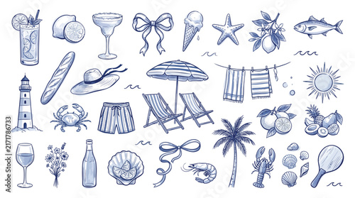 Sketched summer vacation icons set, marine life doodles, hand drawn holiday concepts, beach activities and food, line art illustrations for travel and resort design