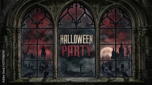 Eerie gothic window displays 'halloween party' text, spooky castle, full moon, crows under dark red night sky, for a mysterious celebration.