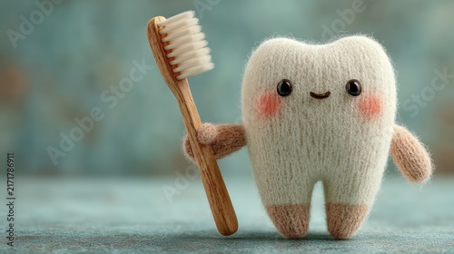 Adorable knitted tooth character holding a wooden toothbrush, ready for dental care