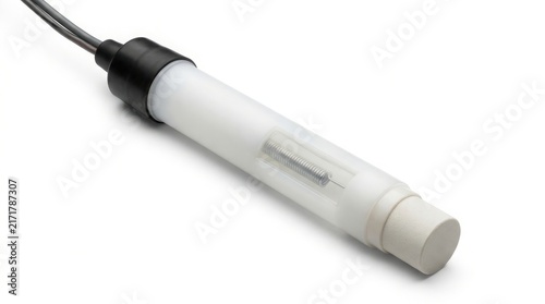 Laboratory PH Sensor Probe for scientific testing. High precision electronic electrode with plastic body and ceramic junction. Industrial water quality monitoring sensor on white background