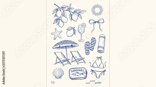 Blue Ink Vintage Summer Travel Icons, Beach Vacation Illustrations, Hand Drawn Holidays Set, Nautical Elements, Sketch Style Vector Elements for Design