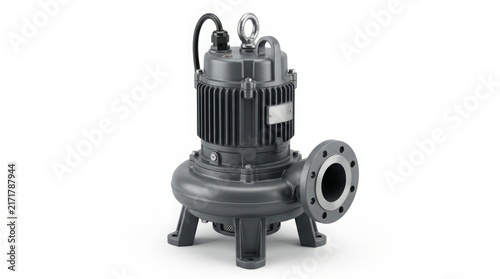 Submersible water pump for industrial wastewater management. Heavy duty electric centrifugal sewage pump with flange connection on white background. Professional plumbing equipment photo