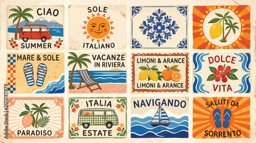 Italian Summer Vintage Postcard and Sticker Collection with Retro Mediterranean Elements, Lemon, Sun, and Beach Illustration Set
