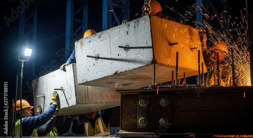 Heavy Construction Work At Night With Flying Sparks And Lights