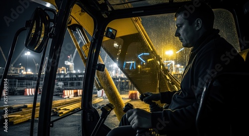 Heavy Machinery Operator Working Through The Night In Industrial Port Environment